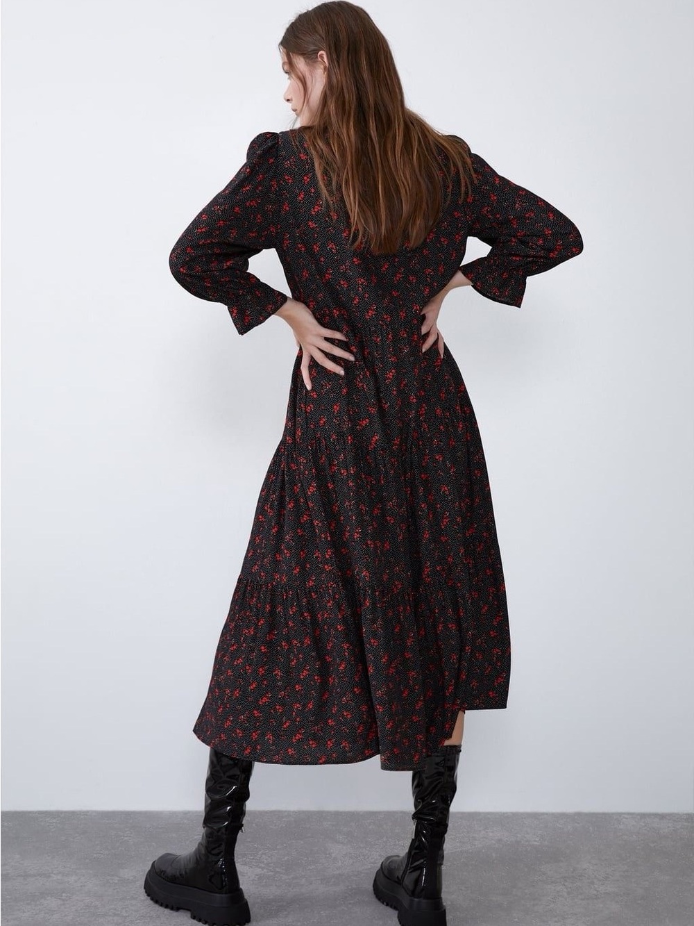 Zara Black Red Floral Polka Dot Maxi Dress Viscose Puff Sleeve Cottagecore S - Picture 11 of 12